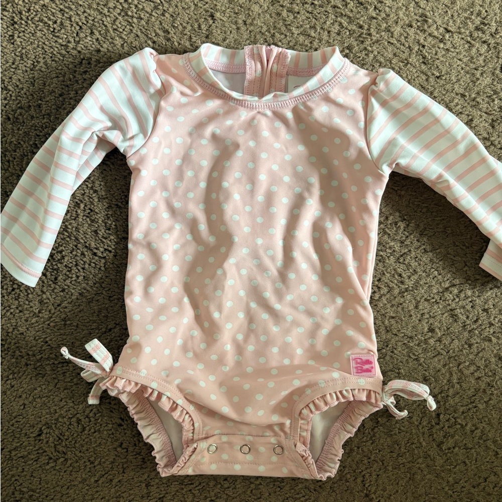 Ruffle Butts Pink and White Polka Dot Onesie 6-12 months